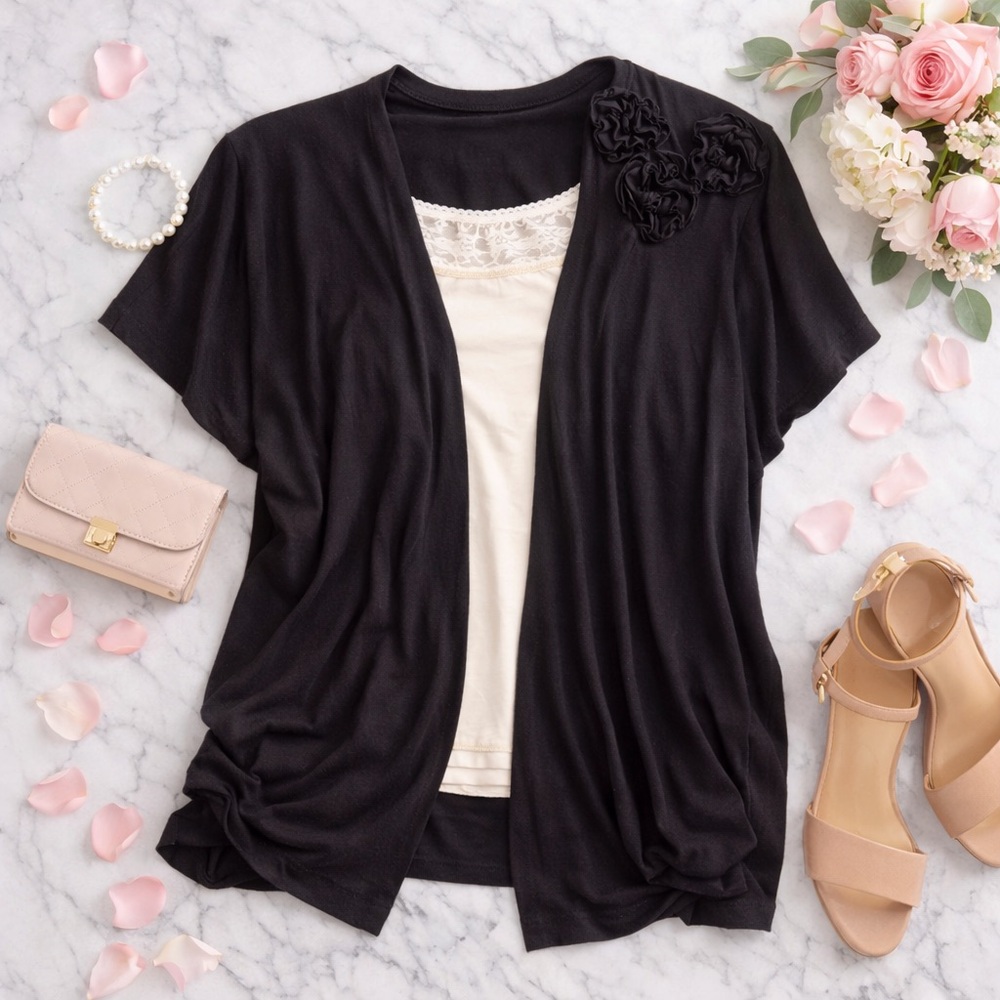 Elena Solano Black Open Front Rosette Cardigan 3X Plus Size Short Sleeve Layer - Picture 3 of 10